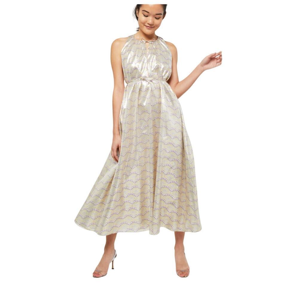 Elliette Stella Silk-Blend Gold Lame Midi Dress Size S NWT